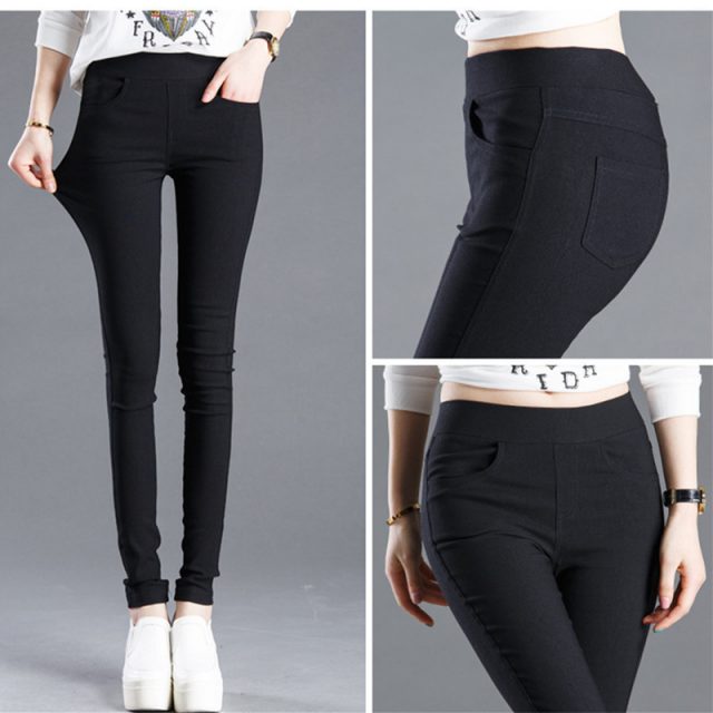 WKOUD 2019 Sexy Solid Pencil Pants Women’s Full Length Leggings High Waist Stretch Trousers Female Casual Wear Black White P8823