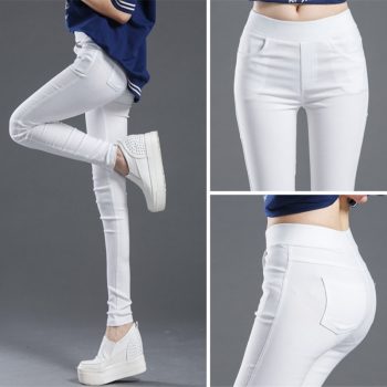 WKOUD 2019 Sexy Solid Pencil Pants Women's Full Length Leggings High Waist Stretch Trousers Female Casual Wear Black White P8823