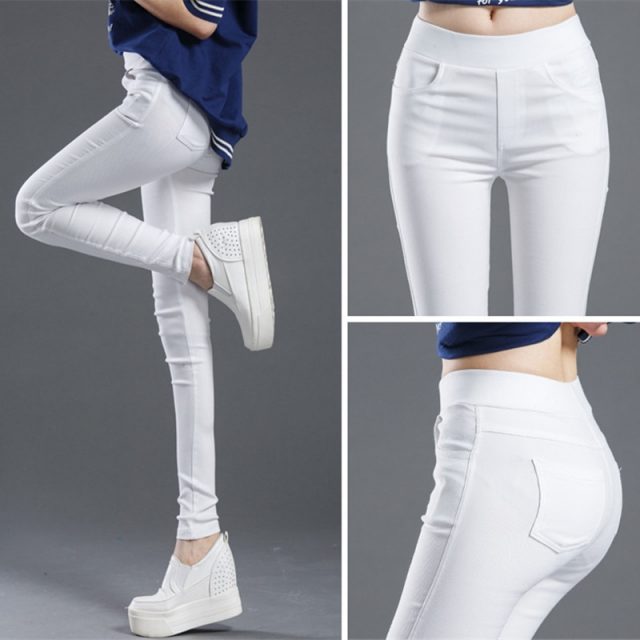 WKOUD 2019 Sexy Solid Pencil Pants Women’s Full Length Leggings High Waist Stretch Trousers Female Casual Wear Black White P8823