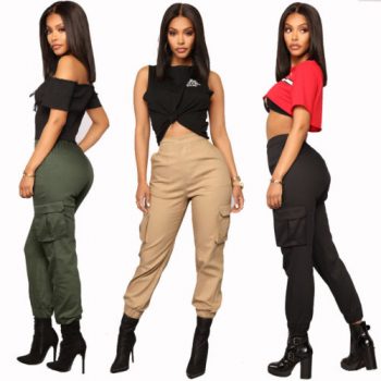 Women’s High Waisted Cargo Trousers Cotton Pants Solid Punk Loose Long Sports