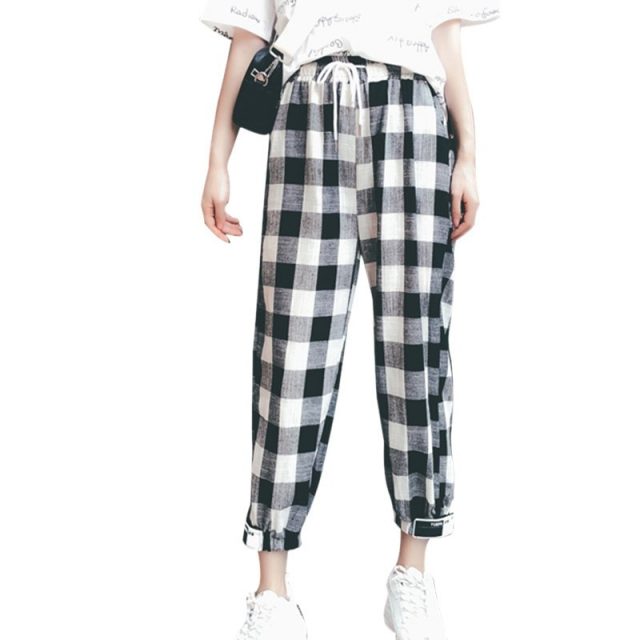 Korean Style Women Mid Waist Straight Plaid Print Ankle-Length Pants Polyester vadim harajuku pantalon femme befree