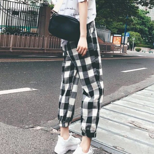Korean Style Women Mid Waist Straight Plaid Print Ankle-Length Pants Polyester vadim harajuku pantalon femme befree