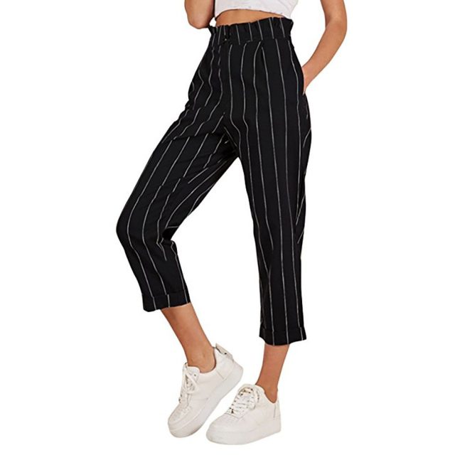 Fashion Summer Striped Straight Leg Casual Pants Women High Waist Striped Casual Butto Pants With Pockets Ladies Trousers #612