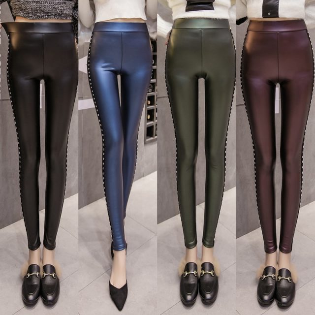 Winter Velvet warmth women pants PU Leather leggings Women Fashion Rivets Pencil Pants S-XXL Ladies skinny pants women Z0002 40