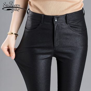 Fashion Autumn Winter Warm Elastic Women’s Pencil Pants Female PU Leather Trousers Skinny Pants Women’s Tight Pants 7648 50
