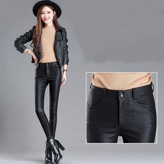Fashion Autumn Winter Warm Elastic Women’s Pencil Pants Female PU Leather Trousers Skinny Pants Women’s Tight Pants 7648 50