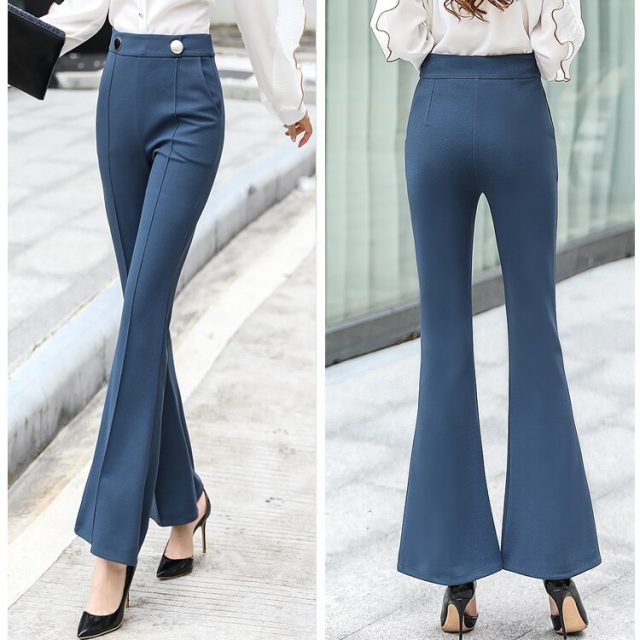 New Korean High Waist Women Pants Fashion Autumn Full Female Pants Slim Leisure Pants Plus Size Flare Black Pant Women 6853 50