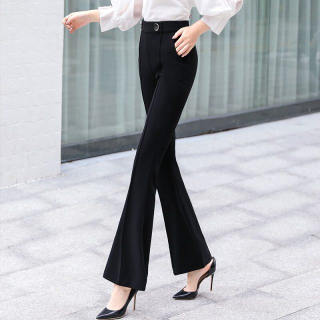 New Korean High Waist Women Pants Fashion Autumn Full Female Pants Slim Leisure Pants Plus Size Flare Black Pant Women 6853 50