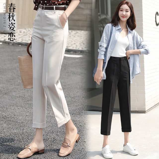 Straight Pants Women 2019 Summer High Waist Stretchy Mujer Pantalon Femme Office Lady Trousers Casual Ankle-Length Woman Pants