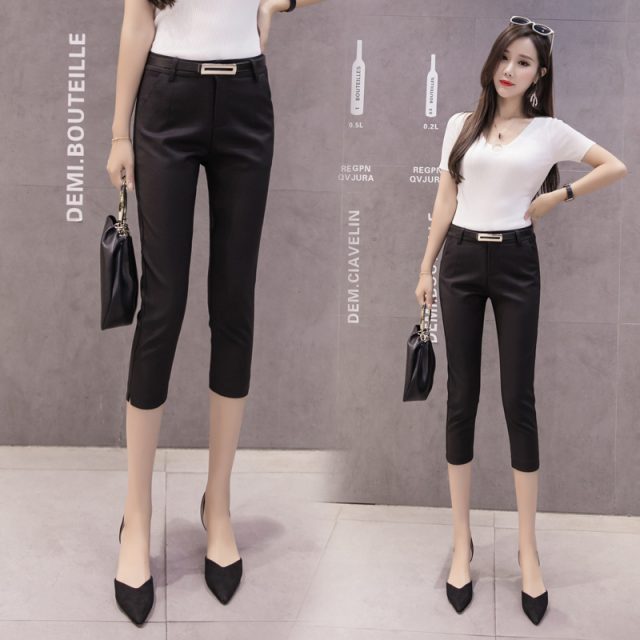 Women Pants Summer 2019 Mid-calf Length Casual Ladies Elastic Leggings Work Wear High Waist Bodycon Slim Female Belted Trousers