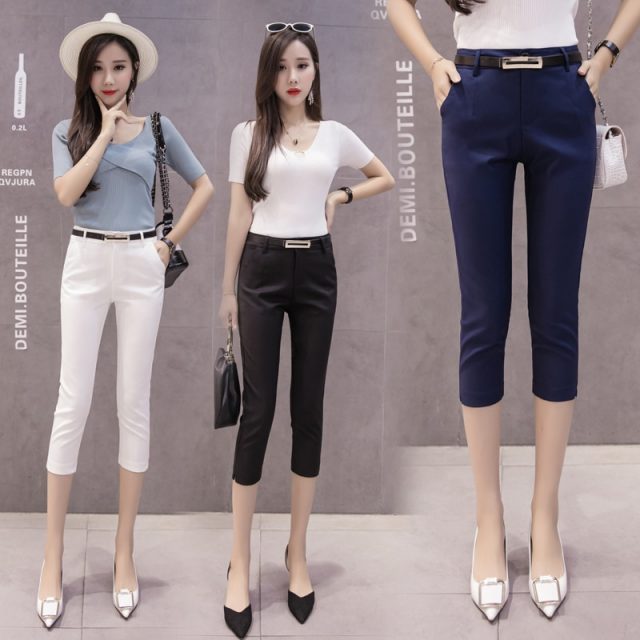 Women Pants Summer 2019 Mid-calf Length Casual Ladies Elastic Leggings Work Wear High Waist Bodycon Slim Female Belted Trousers