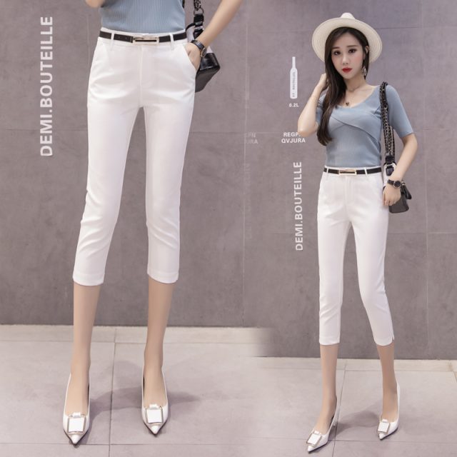 Women Pants Summer 2019 Mid-calf Length Casual Ladies Elastic Leggings Work Wear High Waist Bodycon Slim Female Belted Trousers