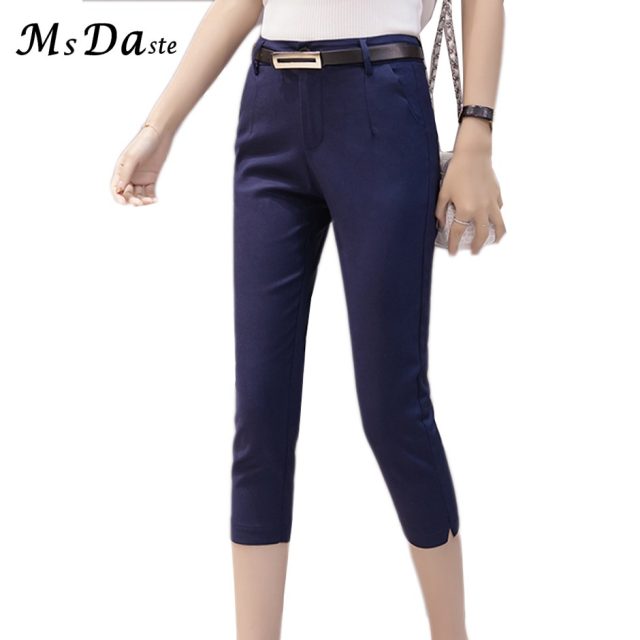 Women Pants Summer 2019 Mid-calf Length Casual Ladies Elastic Leggings Work Wear High Waist Bodycon Slim Female Belted Trousers