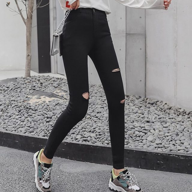 Pants Women 2019 Spring Torn Elastic Ladies Trousers  Ankle-length High Waist Casual Female Leggings Woman Trousers