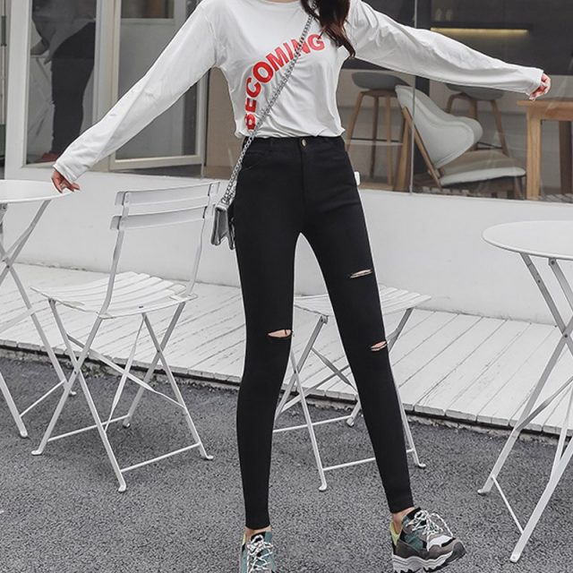 Pants Women 2019 Spring Torn Elastic Ladies Trousers  Ankle-length High Waist Casual Female Leggings Woman Trousers