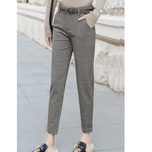 Winter Harem Pants Women 2019 Autumn High Waist Dense Female OfficeTrousers Vintage Plaid Ankle-length Casual Woman Pencil Pants