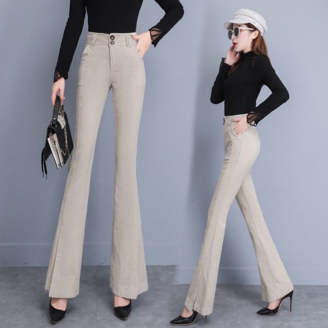 Flare Pants Women 2019 Autumn Winter High Waist Casual Female Skinny Trousers Elegant Office Lady Elastic Waist Flare Hem Pants