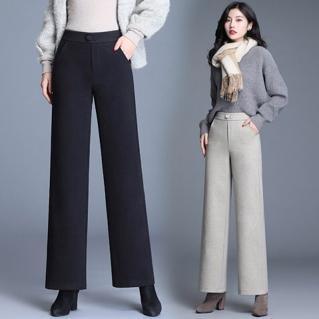 High Waist Woolen Straight Pants For Women 2019 New Autumn Winter Casual Loose Thick Cargo Pants Female Trousers Ladies Pant
