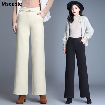 High Waist Woolen Straight Pants For Women 2019 New Autumn Winter Casual Loose Thick Cargo Pants Female Trousers Ladies Pant