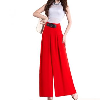 Flare Trousers Women 2019 Summer Wide Leg Women Belted Pants  Plus Size 27-33 Sizes High Waist Chiffon Office Pantalon Femme