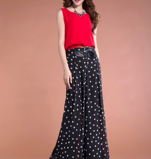 Flare Trousers Women 2019 Summer Wide Leg Women Belted Pants  Plus Size 27-33 Sizes High Waist Chiffon Office Pantalon Femme