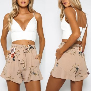 shorts women floral print short femme 2018 new summer style hot loose belt casual thin mid casual short women's plus size