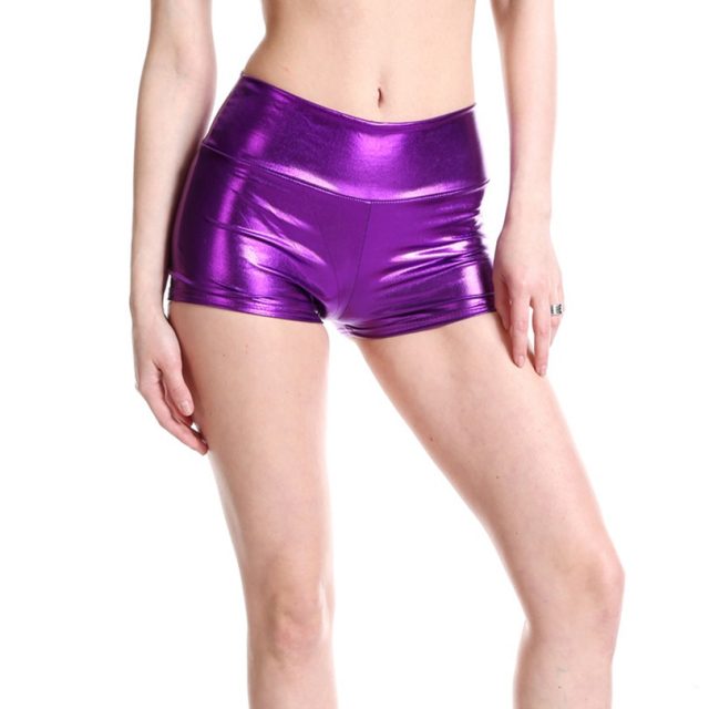 YRRETY Plus Size Adult Silver Metallic Shorts Rave Booty Shorts Mid Waist Cheer Shorts PU Shiny Dance Woman Shorts Sexy M-XXL