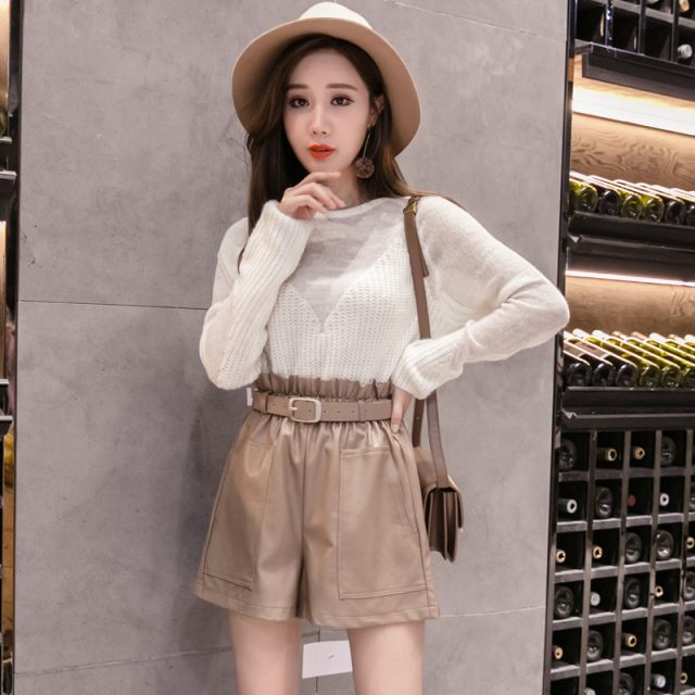 Elegant Leather Shorts Fashion High Waist Shorts Girls A-line  Bottoms Wide-legged Shorts Autumn Winter Women 6312 50