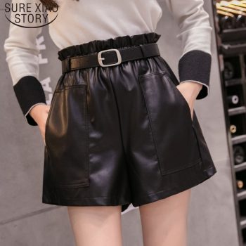 Elegant Leather Shorts Fashion High Waist Shorts Girls A-line  Bottoms Wide-legged Shorts Autumn Winter Women 6312 50