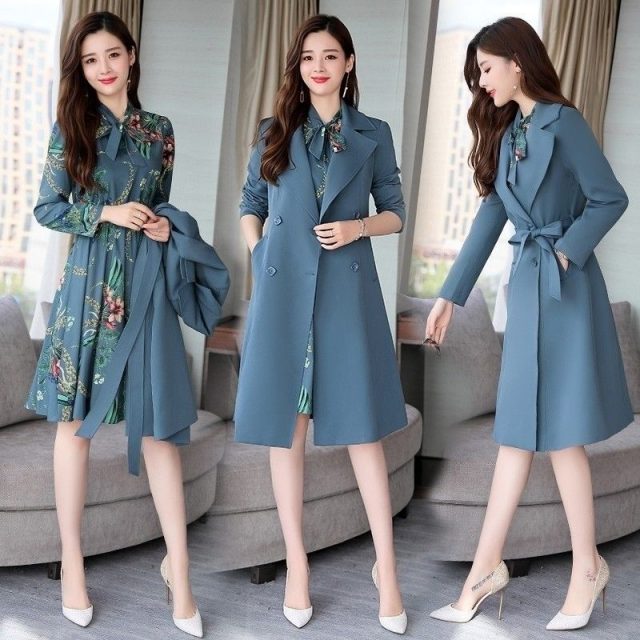 Spring Autumn Trench Coat Slim OL Ladies Trench Coat And Dress Long Women Windbreakers Plus Size Two Pieces Women Sets Outwears