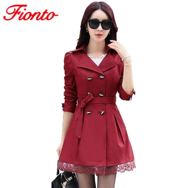 New Trench Coat Women Slim Double-Breasted Trenchcoat Lace Especially Female Casual Windbreaker Outwear Plus Size Raincoat A015-