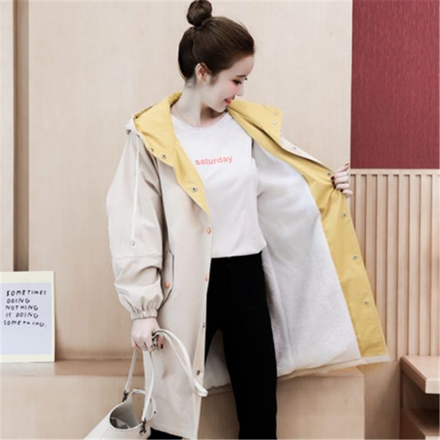 Korean Women Trench Coat Fashion casual Hooded Windbreaker Print Single Breasted Lightweight Raincoat Outerwear Female Plus size