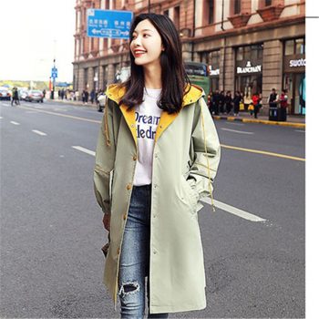 Korean Women Trench Coat Fashion casual Hooded Windbreaker Print Single Breasted Lightweight Raincoat Outerwear Female Plus size