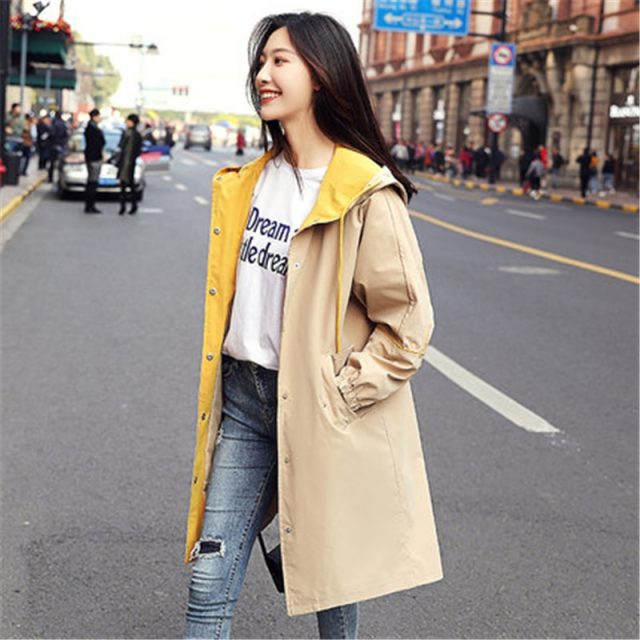 Korean Women Trench Coat Fashion casual Hooded Windbreaker Print Single Breasted Lightweight Raincoat Outerwear Female Plus size