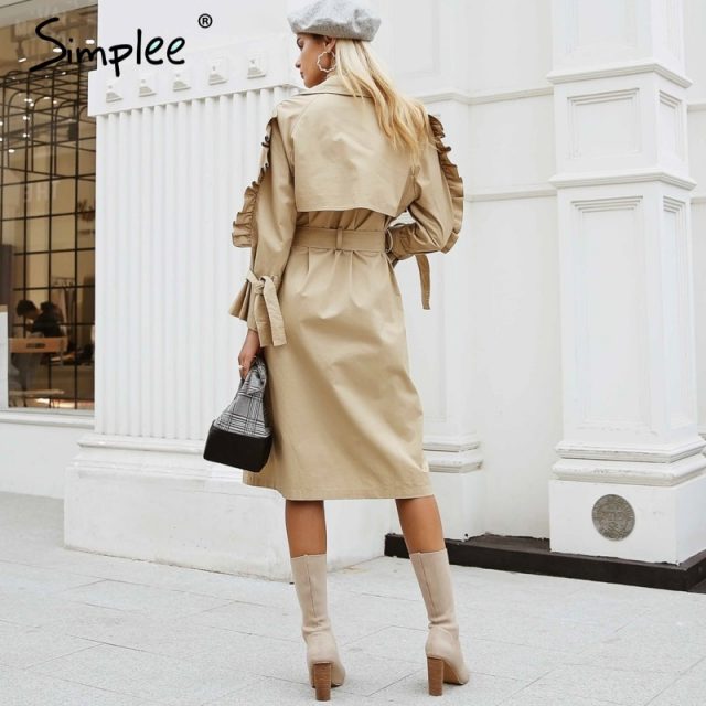 Simplee Elegant v neck khaki long trench coat women Side ruffles sleeves coats High Street cotton outwear autumn winter 2018
