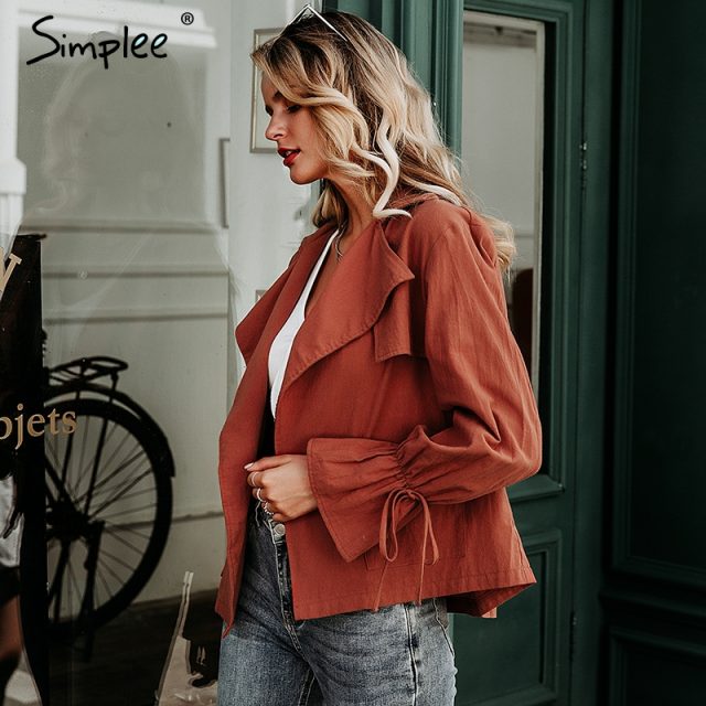 Simplee Casual bell sleeve women jacket Lace up drawstring cardigan top outwear Autumn winter female cotton jacket 2019 пиджак