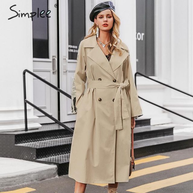 Simplee Turn down collar women trench coat Patchwork print autumn winter female coat Sash belted pockets ladies long overcoat