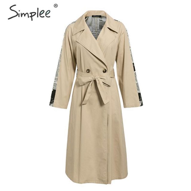 Simplee Turn down collar women trench coat Patchwork print autumn winter female coat Sash belted pockets ladies long overcoat