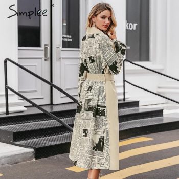 Simplee Turn down collar women trench coat Patchwork print autumn winter female coat Sash belted pockets ladies long overcoat