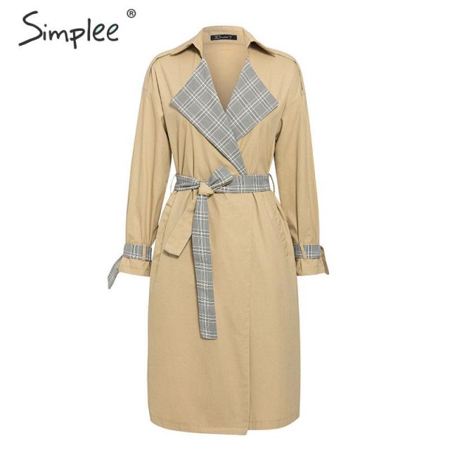 Simplee Turn down collar stitching women trench coat Vintage plaid autumn winter sash long outwear Belted pocket ladies overcoat