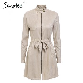 Simplee Sexy sashes suede slim trench coat women Stand collar zipper trench dress Autumn winter lady casual outwear overcoat