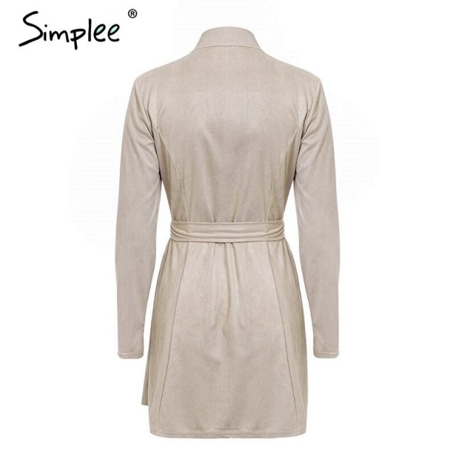 Simplee Sexy sashes suede slim trench coat women Stand collar zipper trench dress Autumn winter lady casual outwear overcoat