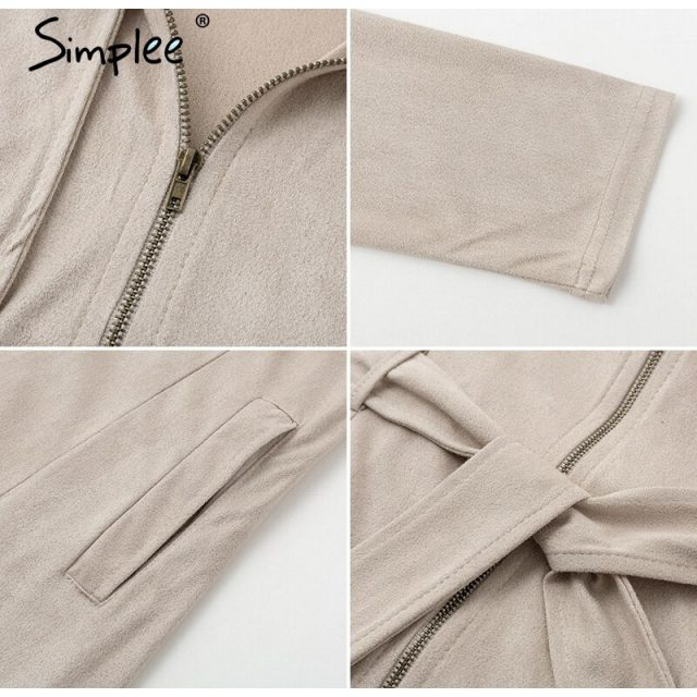 Simplee Sexy sashes suede slim trench coat women Stand collar zipper trench dress Autumn winter lady casual outwear overcoat