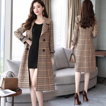 Fashion Wool Coat Women Plaid Long Coat Long Sleeve Overcoat Loose Outwear Female Winter Autumn Trench Coats Plus Size