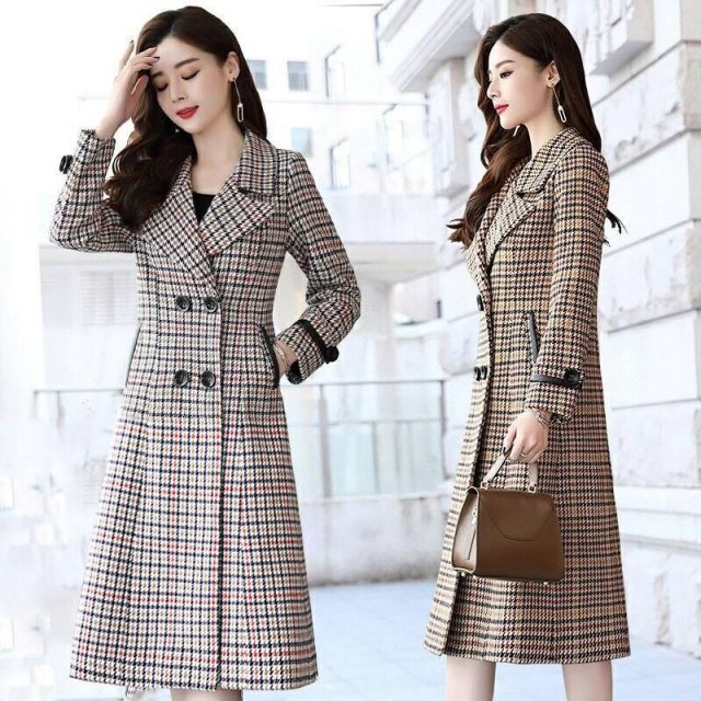 Fashion Wool Coat Women Plaid Long Coat Long Sleeve Overcoat Loose Outwear Female Winter Autumn Trench Coats Plus Size