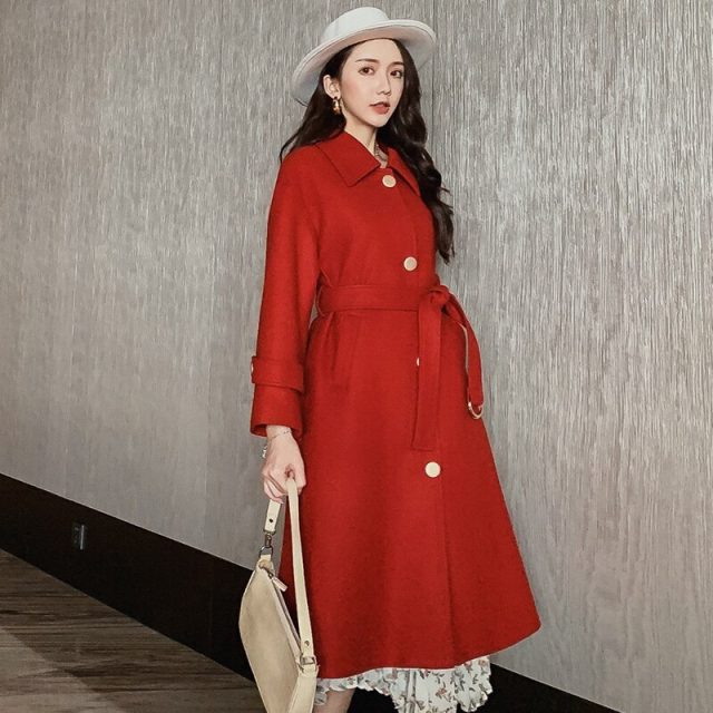Autumn winter New Women’s Casual wool blend trench coat Long coat with belt