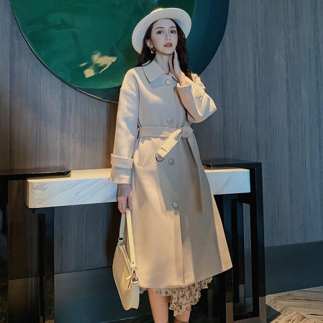 Autumn winter New Women’s Casual wool blend trench coat Long coat with belt