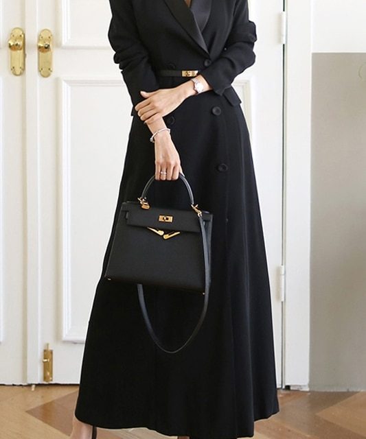New Autumn Winter Office Lady Runway Designer Women  Long Trench Coat  Notched Collar Wrap Black  Maxi Coat Outwear