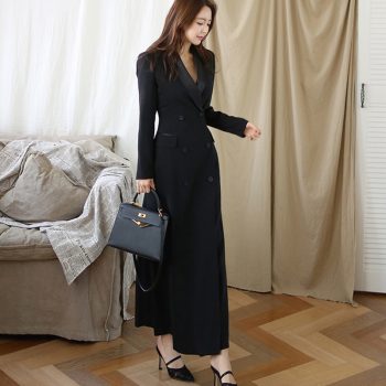 New Autumn Winter Office Lady Runway Designer Women  Long Trench Coat  Notched Collar Wrap Black  Maxi Coat Outwear