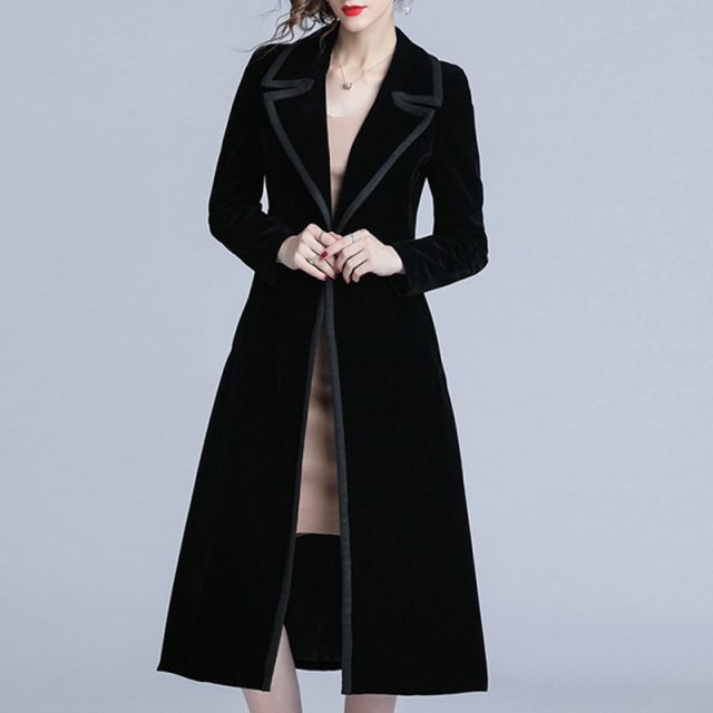 new arrival women fashion comfortable velvet trench coat professional OL temperament solid girls warm outdoor long black trench